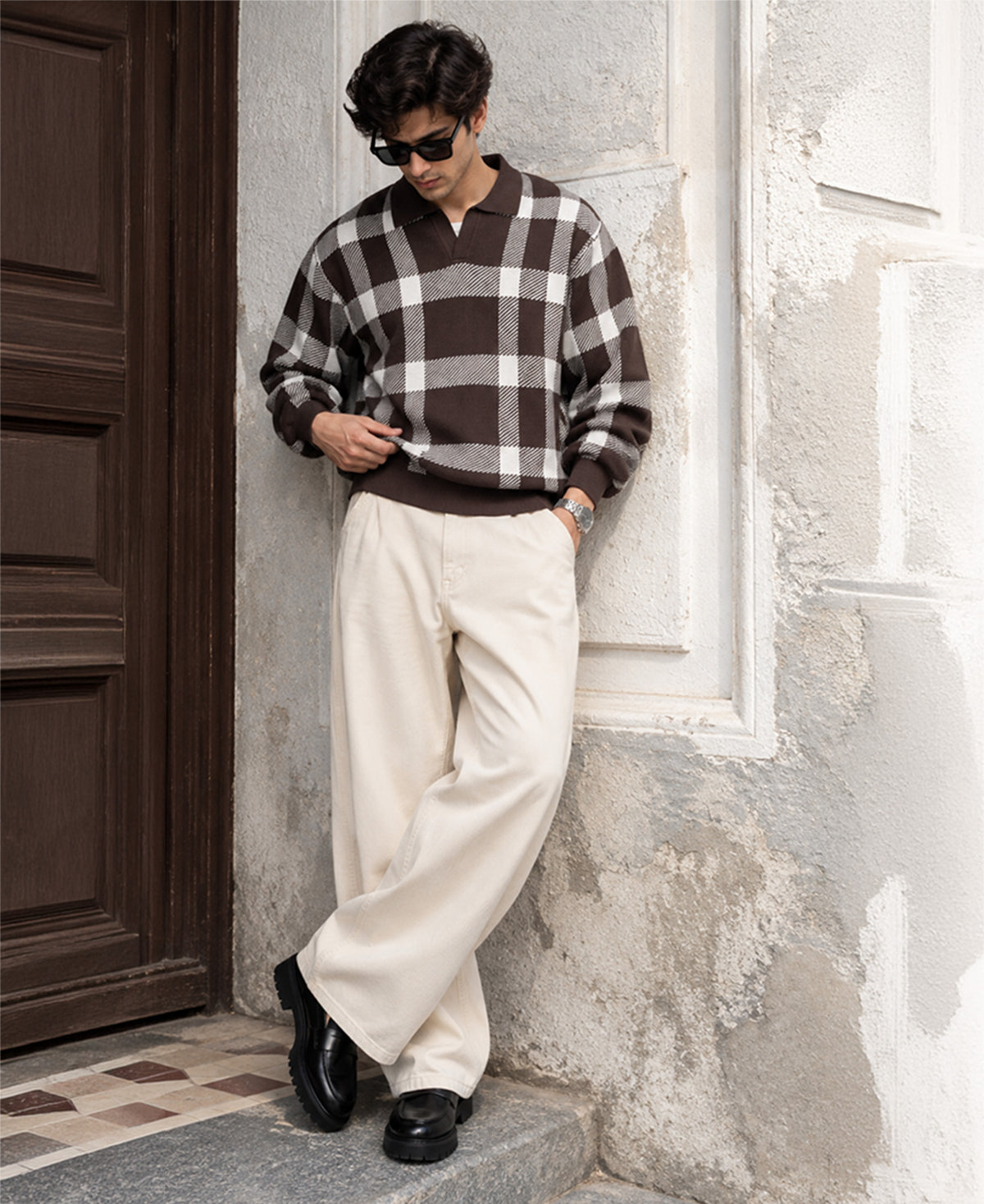 Brown Checks Knitted T-Shirt