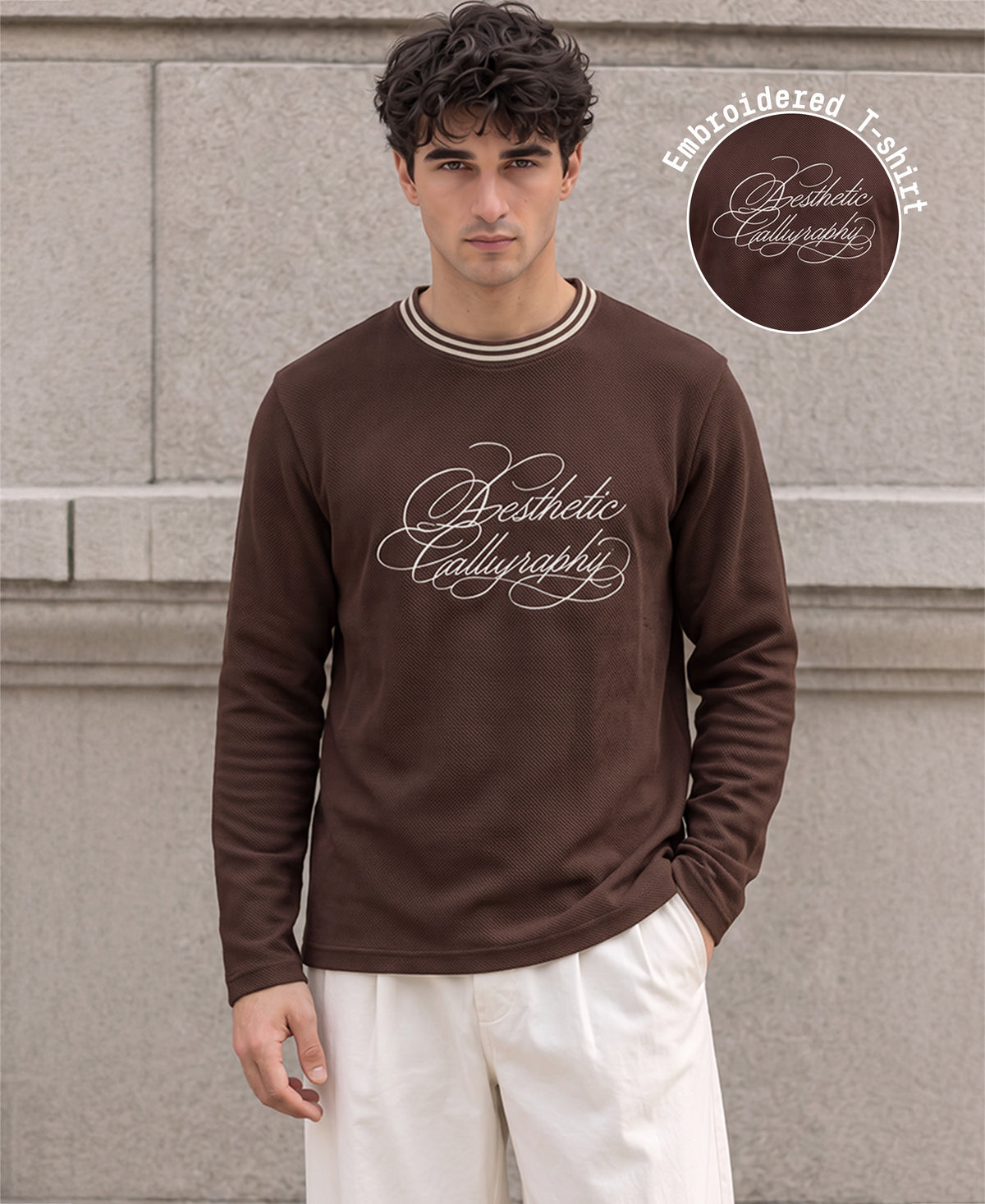 Brown Knit Embroidered T-Shirt