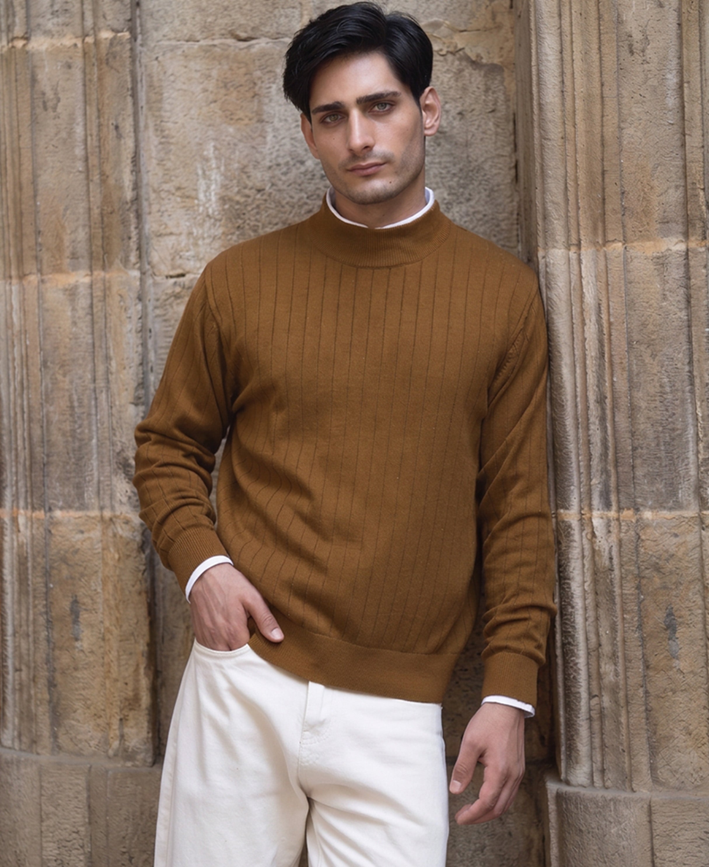 Tan High Neck Cotton Sweater 100% Cotton
