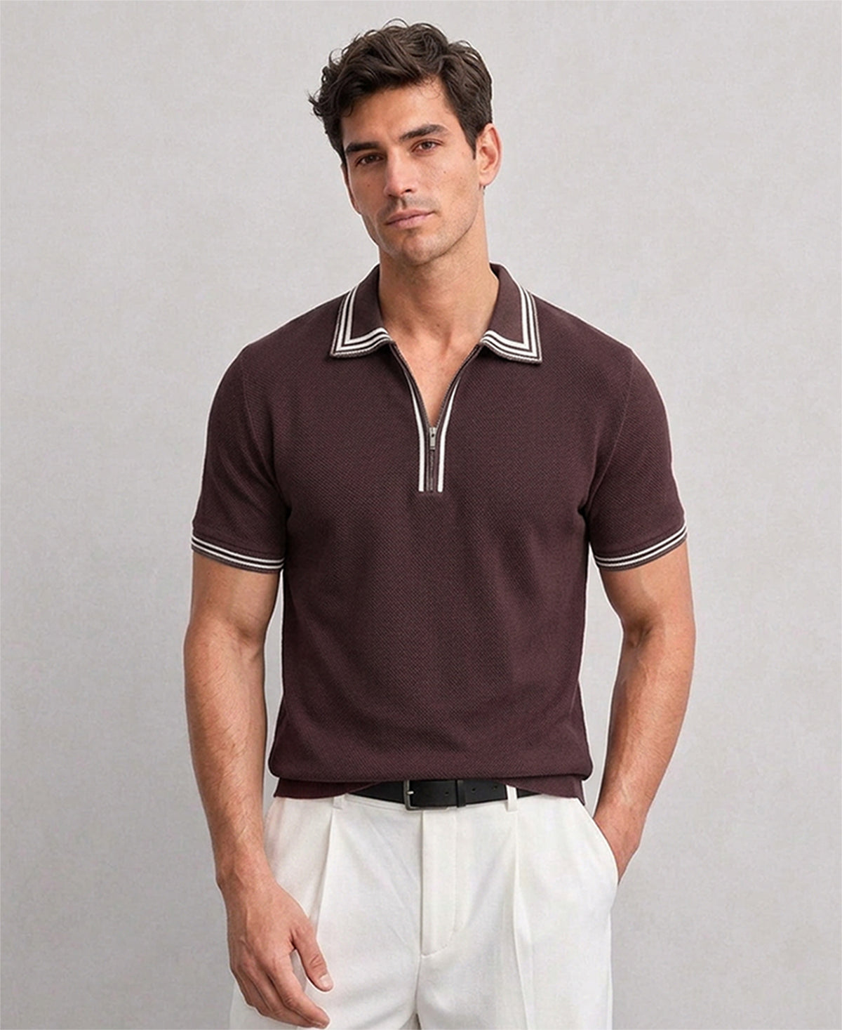 Brown Structured Polo Knit T-Shirt