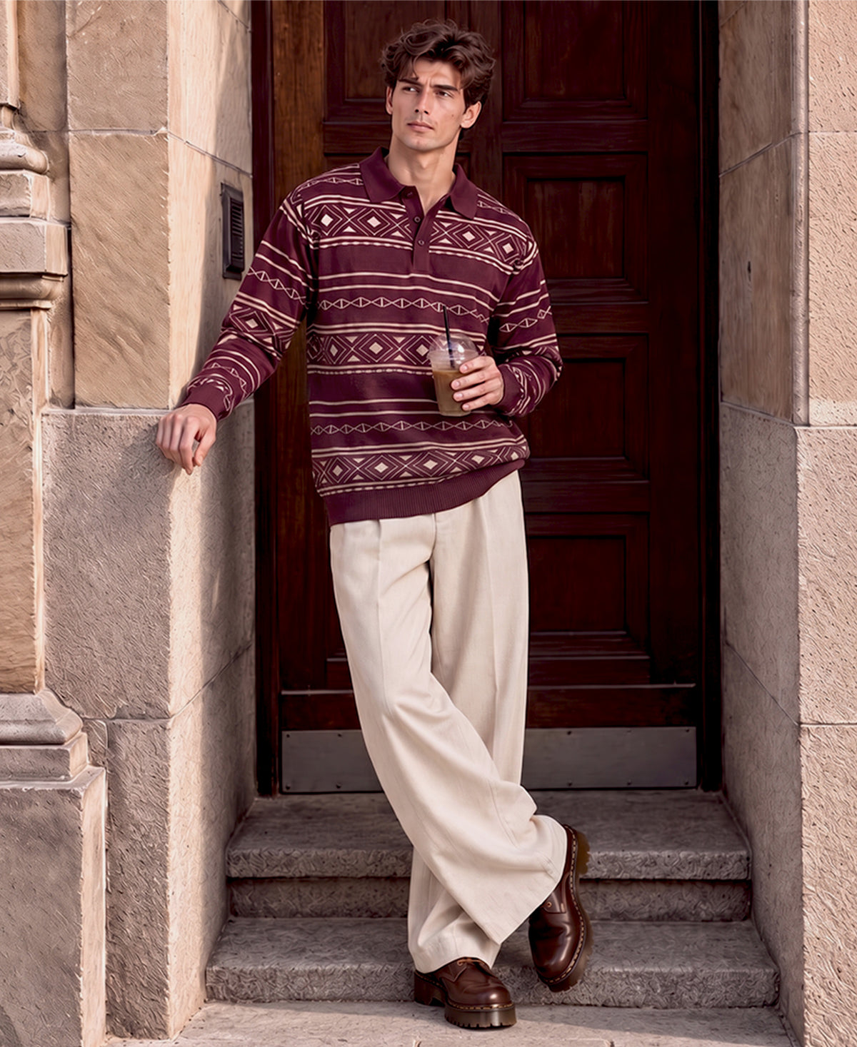 Wine Geometric Jacquard Cotton T-Shirt