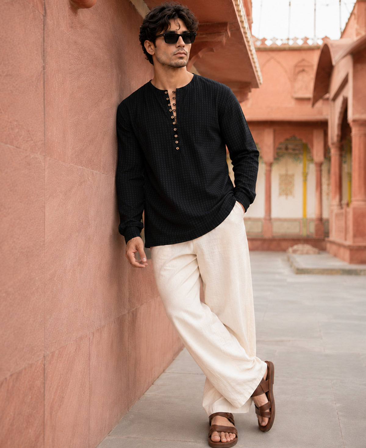 Black Seersucker Kurta Shirt