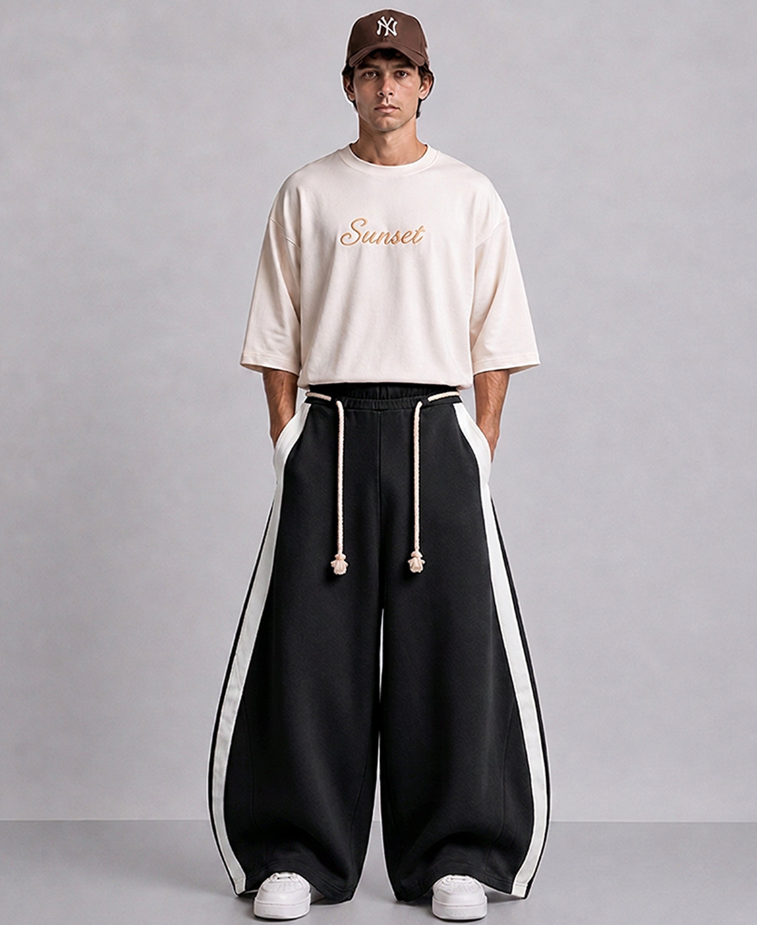 Black Panelled Barrel Fit Trackpant