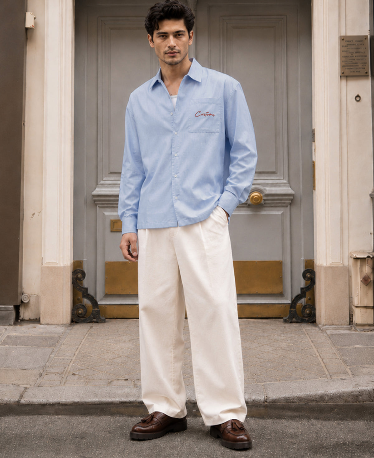 Blue Melange Embroidered Shirt 100% Cotton