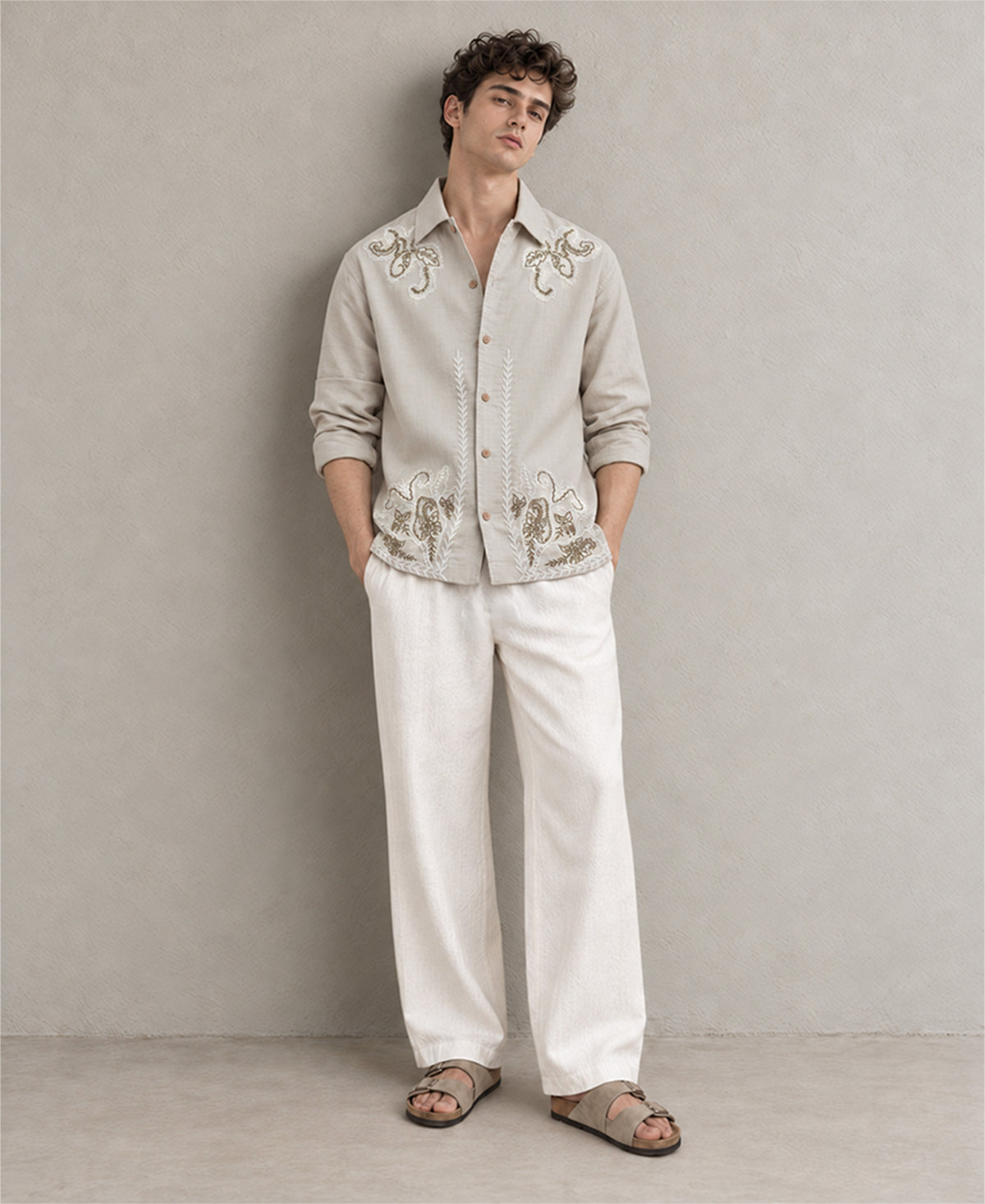 Beige Floral Embroidery Shirt 100% Cotton