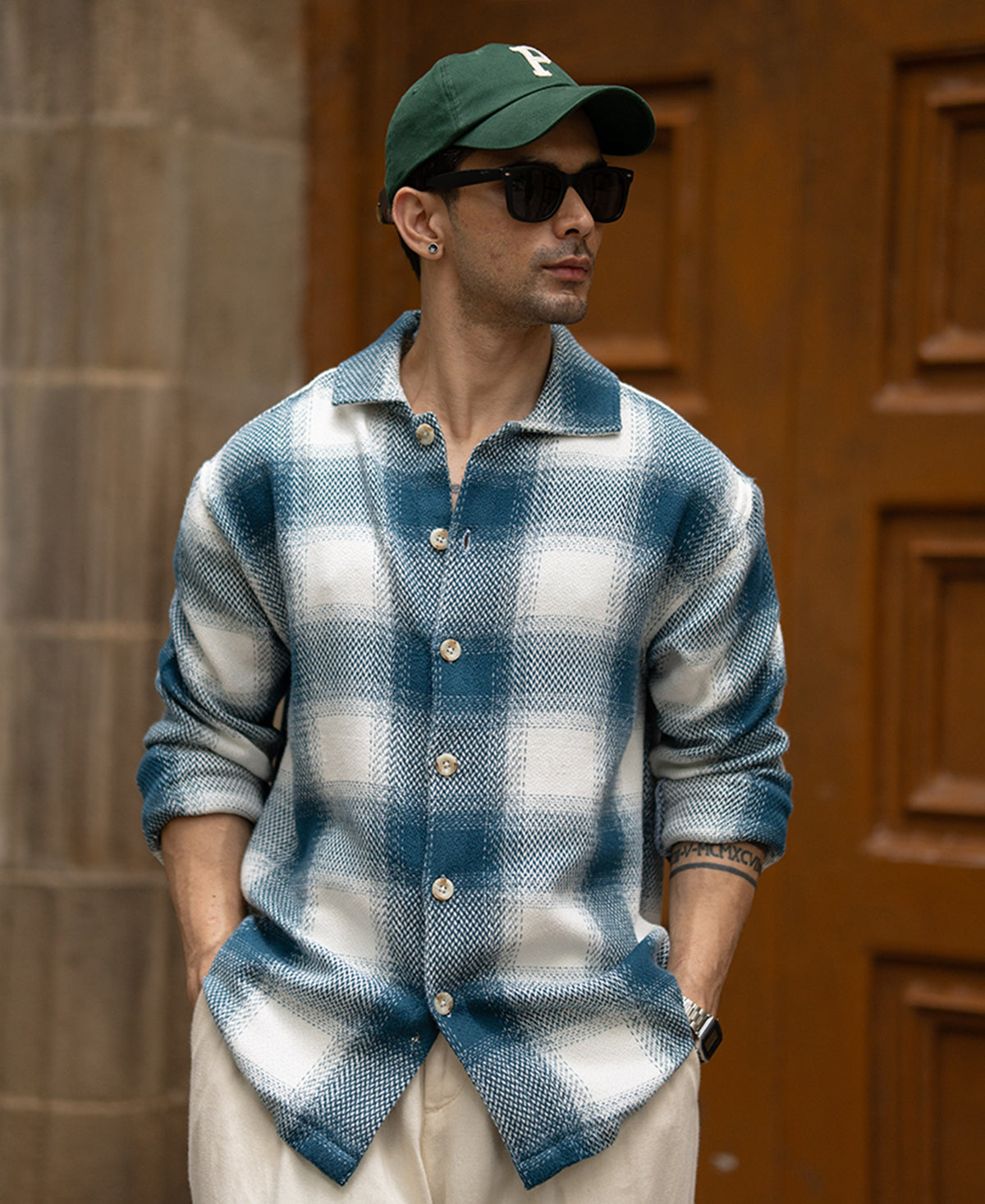 Teal Blue Structured Checks Shirt