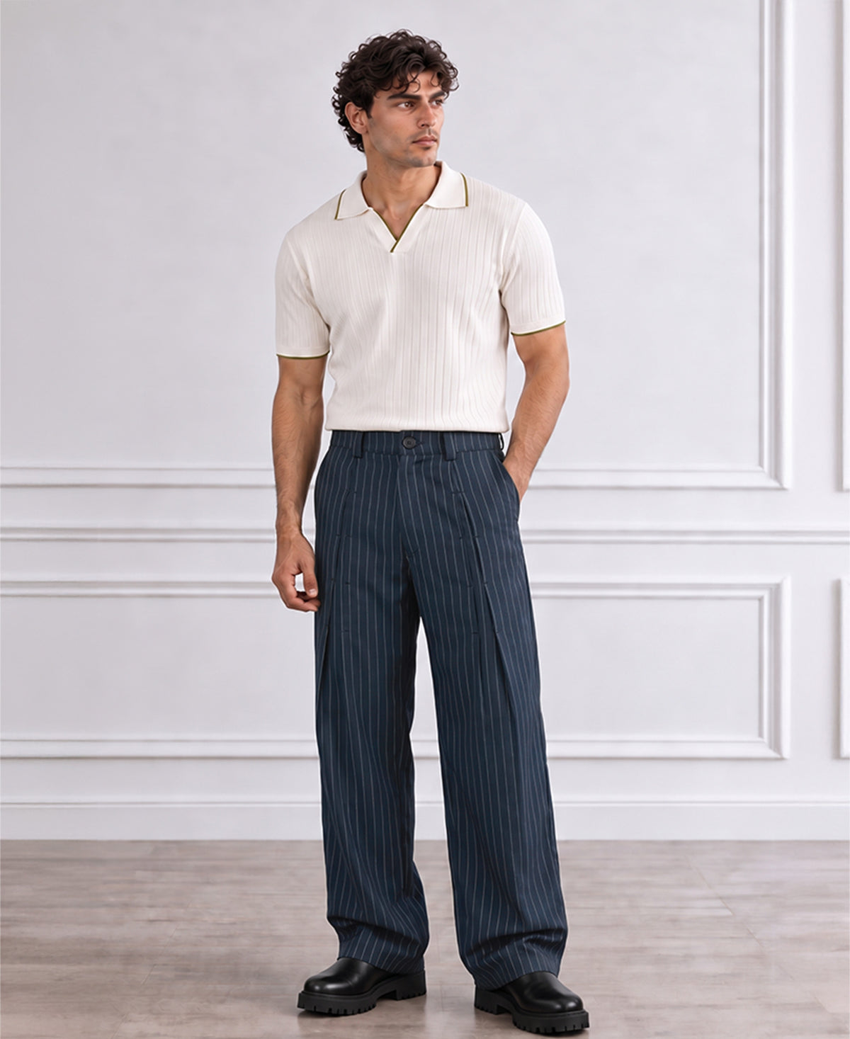 Navy Pleated Tailored Trousers
