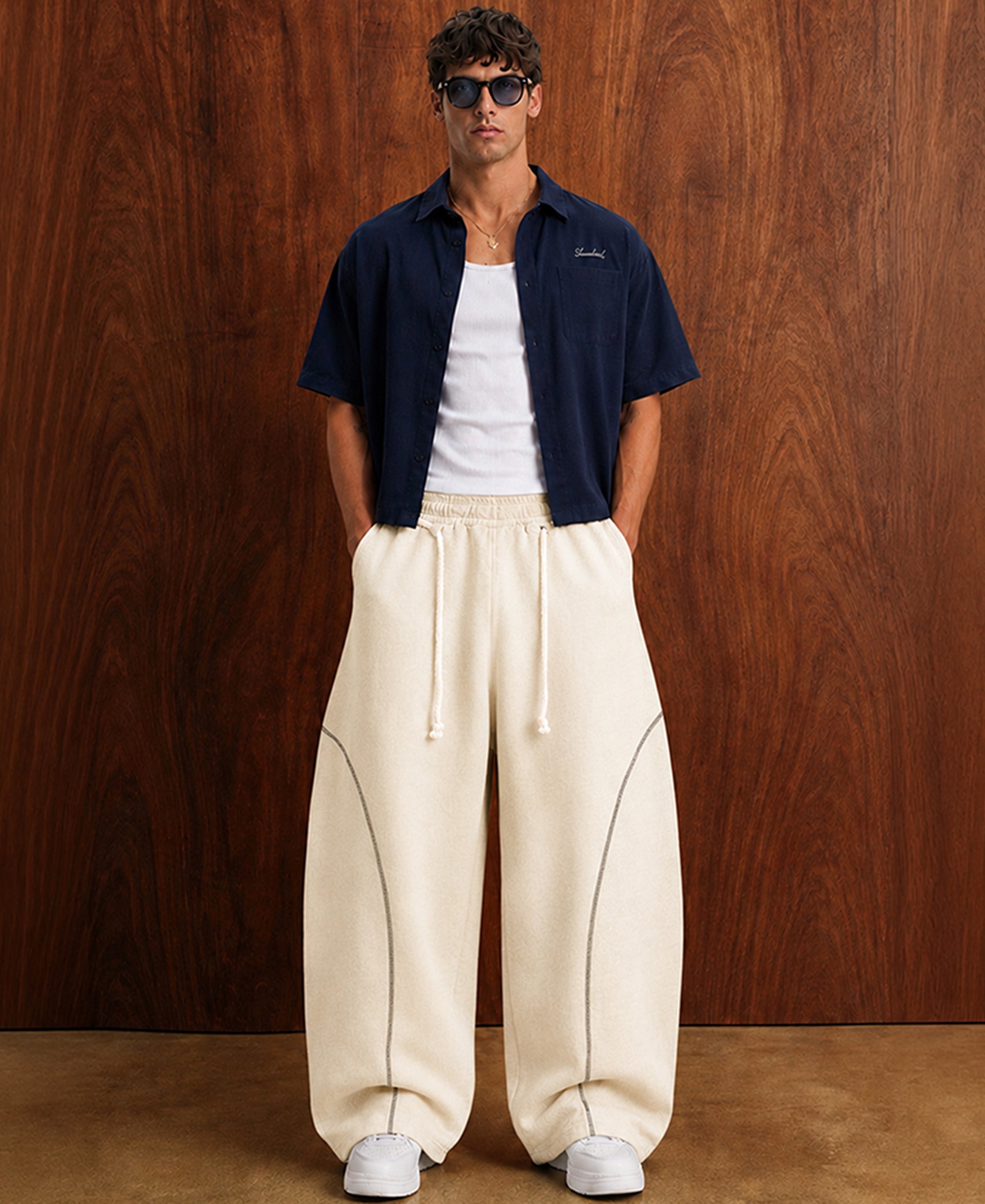 Cream Paneled Baggy Trackpant