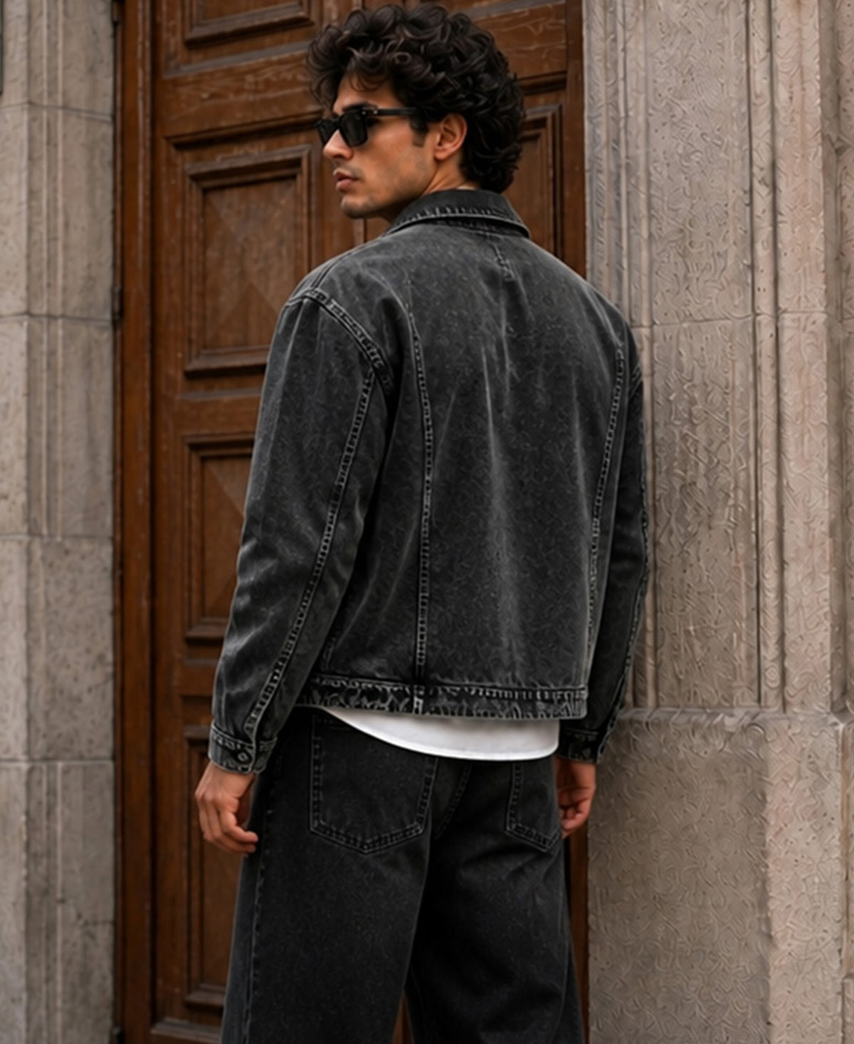 Black Denim Jacket With Fireman Clasps