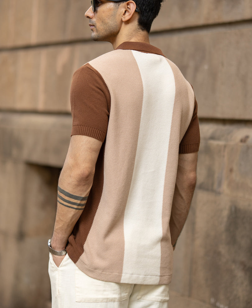 Beige & Brown Knit Stripe T-Shirt 100% Cotton