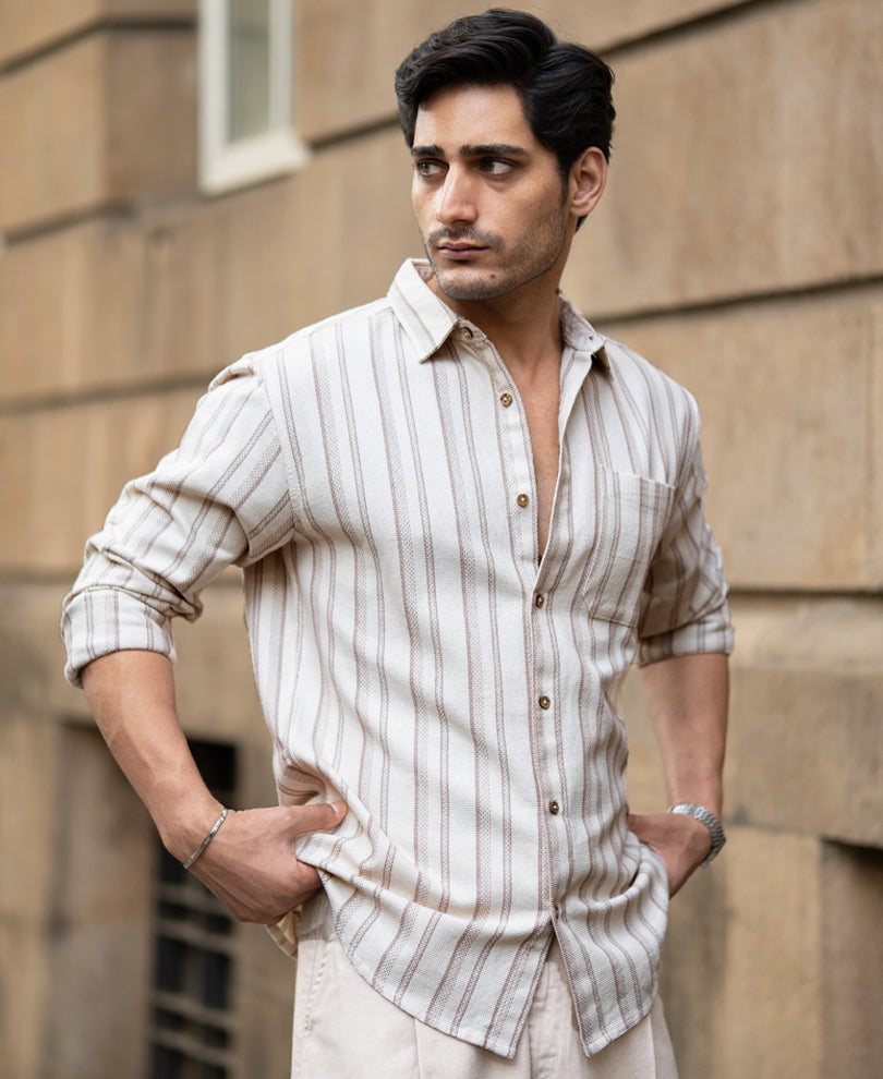 Cream Structured Stripe Shirt.
