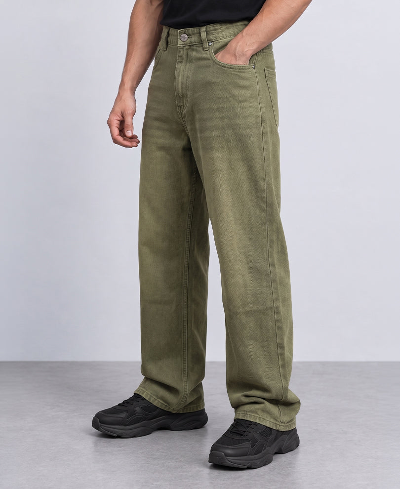 Olive Washed Baggy Jeans