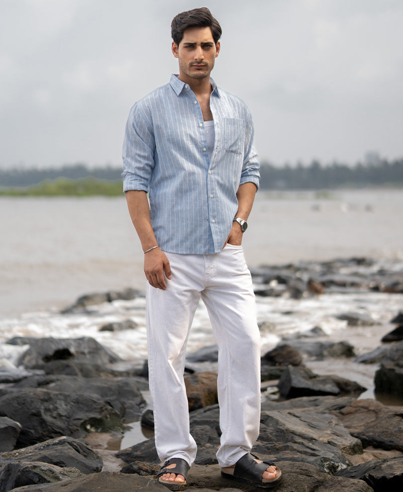 Dark Blue Cotton Stripe Shirt.