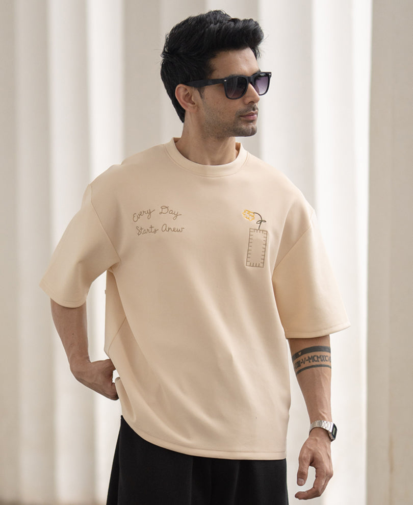 Cream Sun Patch Embroidered T-Shirt