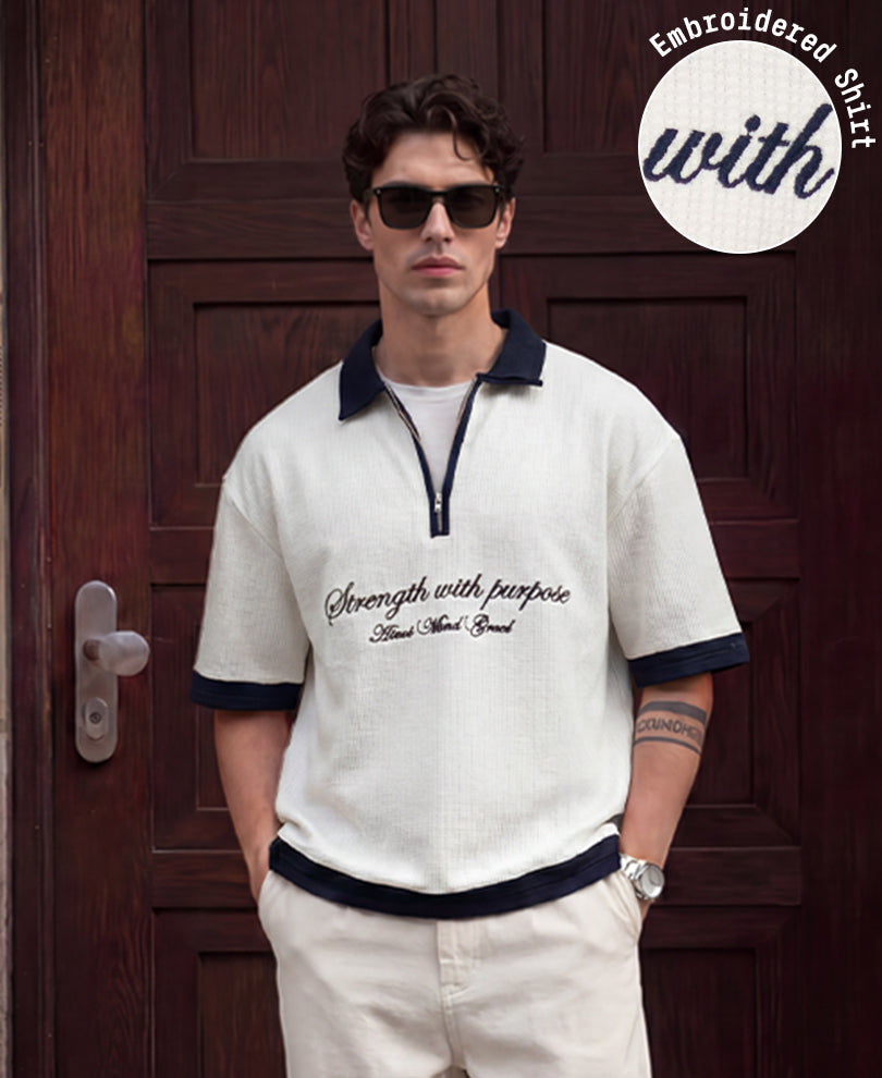 White Contrast Embroidery T-Shirt