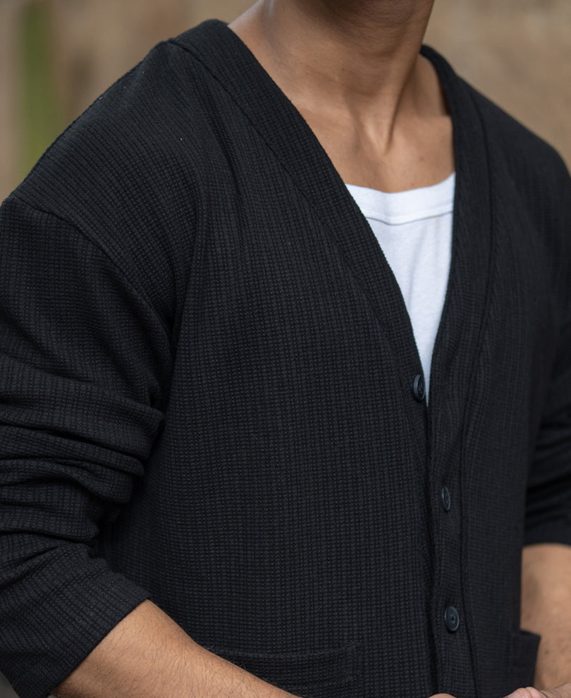 Black Structured Knit Cardigan.