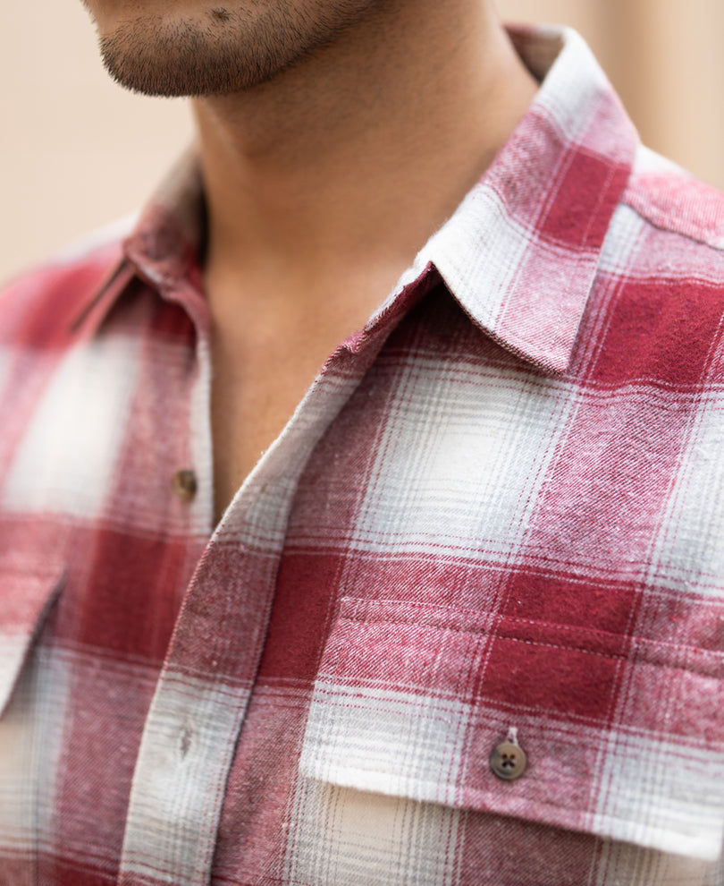 Maroon Checks Double Pocket Shirt.