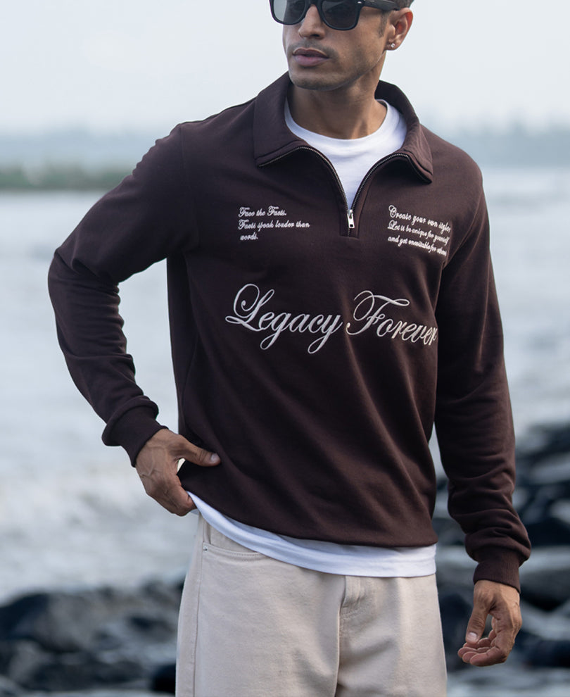 Brown Embroidered Quarter Zip T-Shirt.