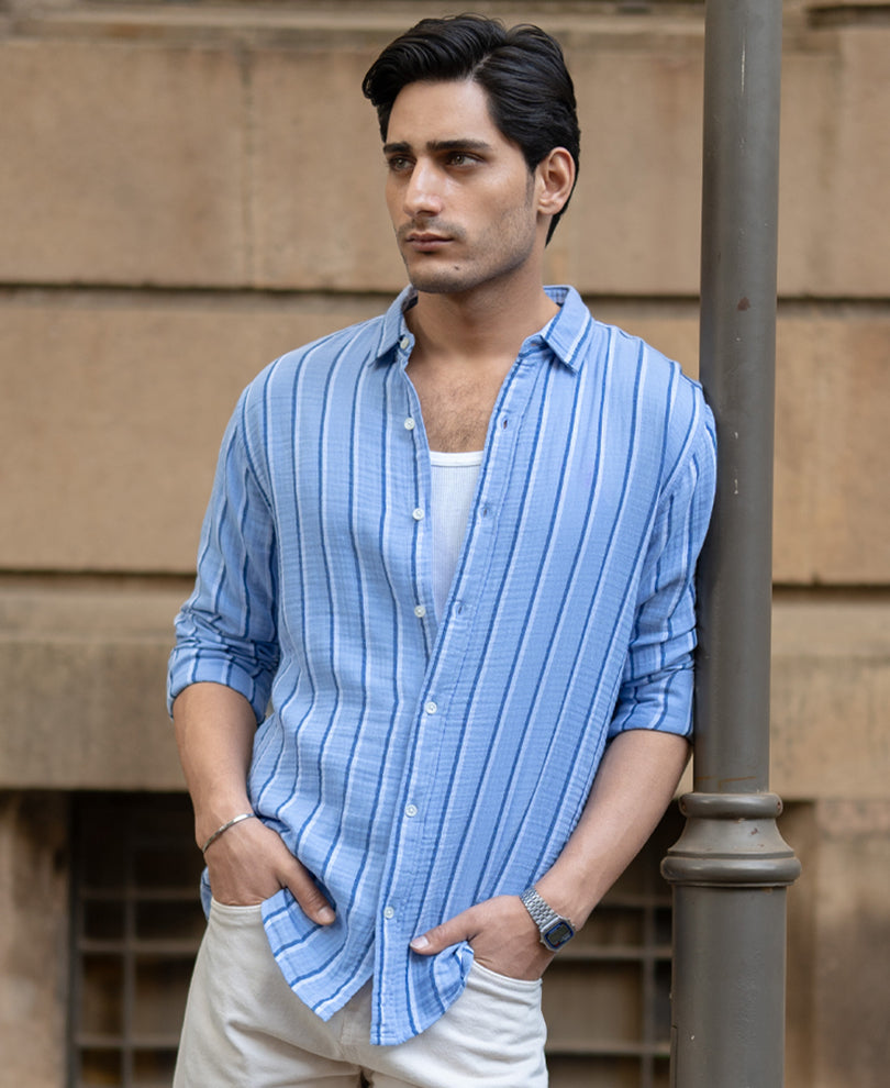 Blue Double Cloth Striped Shirt.