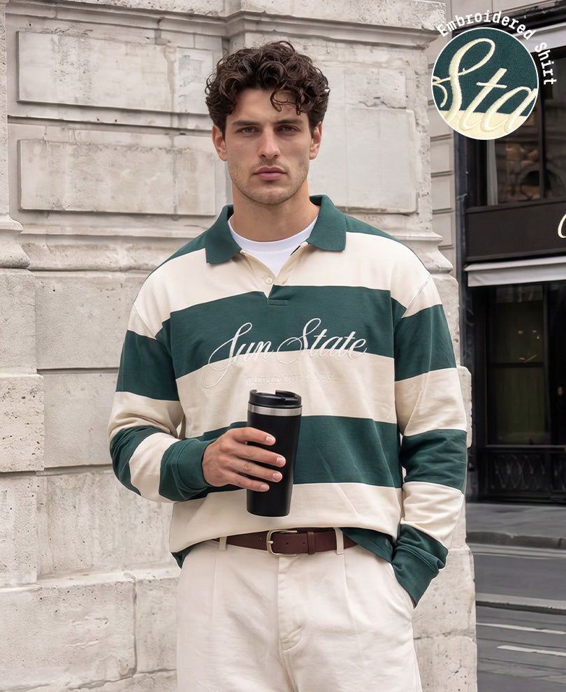 Pine Green Embroidered Stripe T-Shirt 100% Cotton