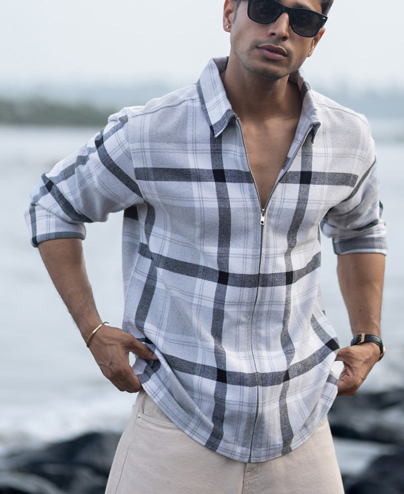 Grey Checks Zipper Shirt.