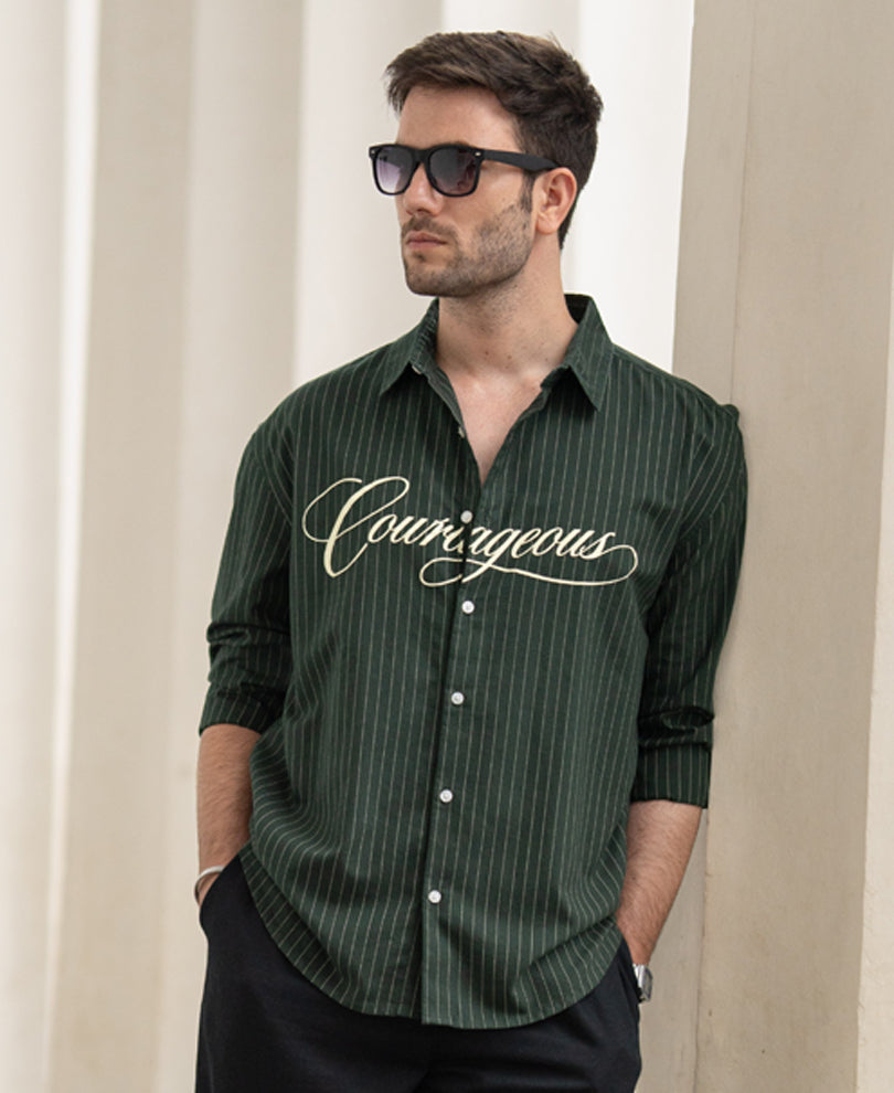 Green Calligraphy Print Stripe Shirt