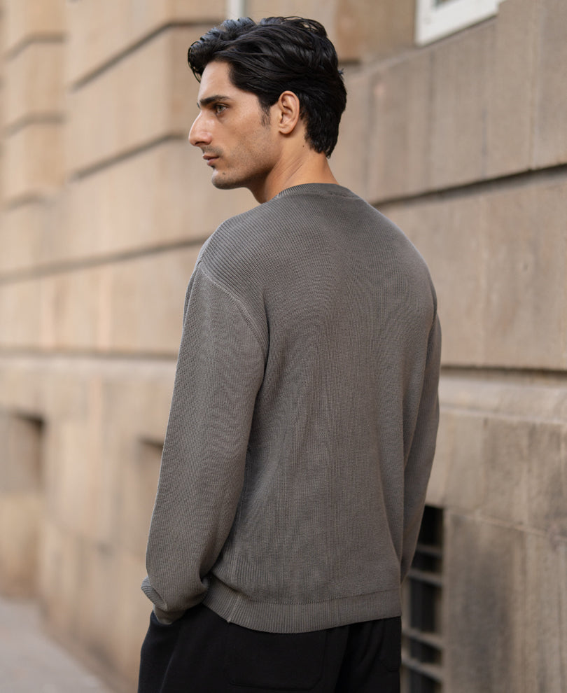 Grey Washed Printed Knit Jumper 100% Cotton