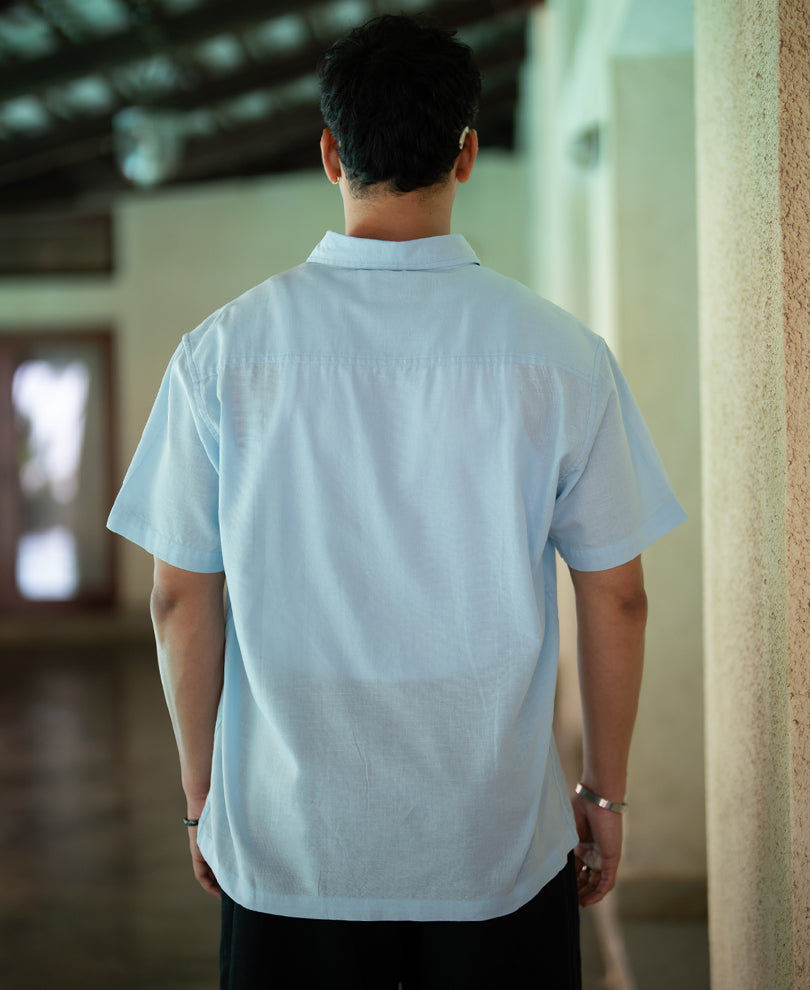 Blue Floral Embroidery Shirt 100% Cotton