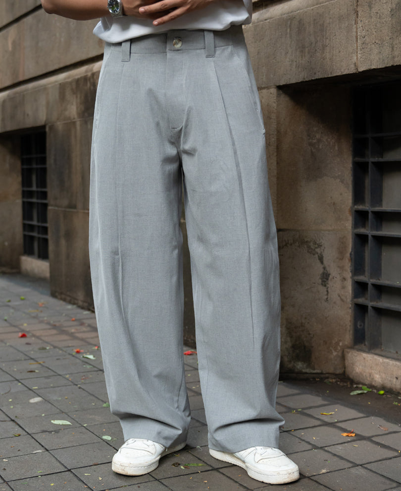 Grey Pleated Barrel Fit Trousers