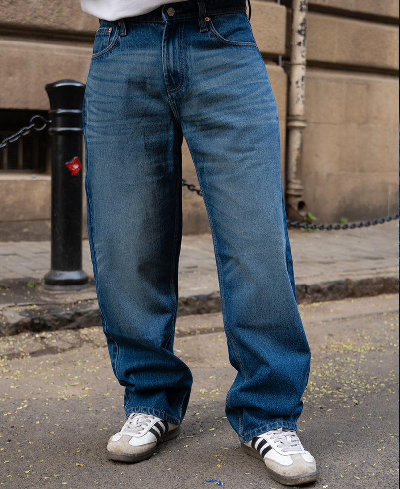 Dark Blue Washed Baggy Fit Jeans.