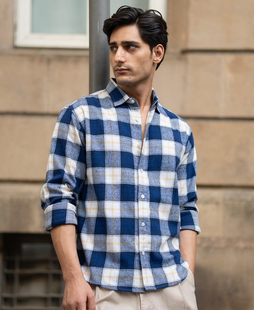 Blue Brushed Regular Fit Checks Shirt.