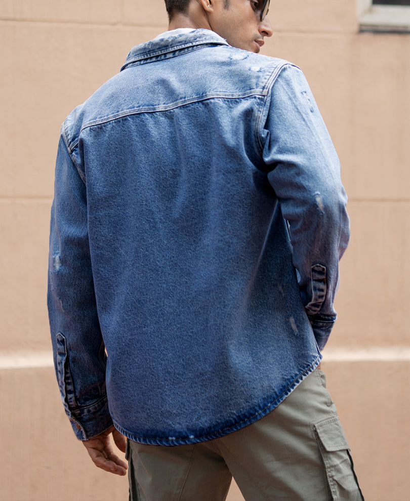 Mid Blue Distressed Denim Overshirt.