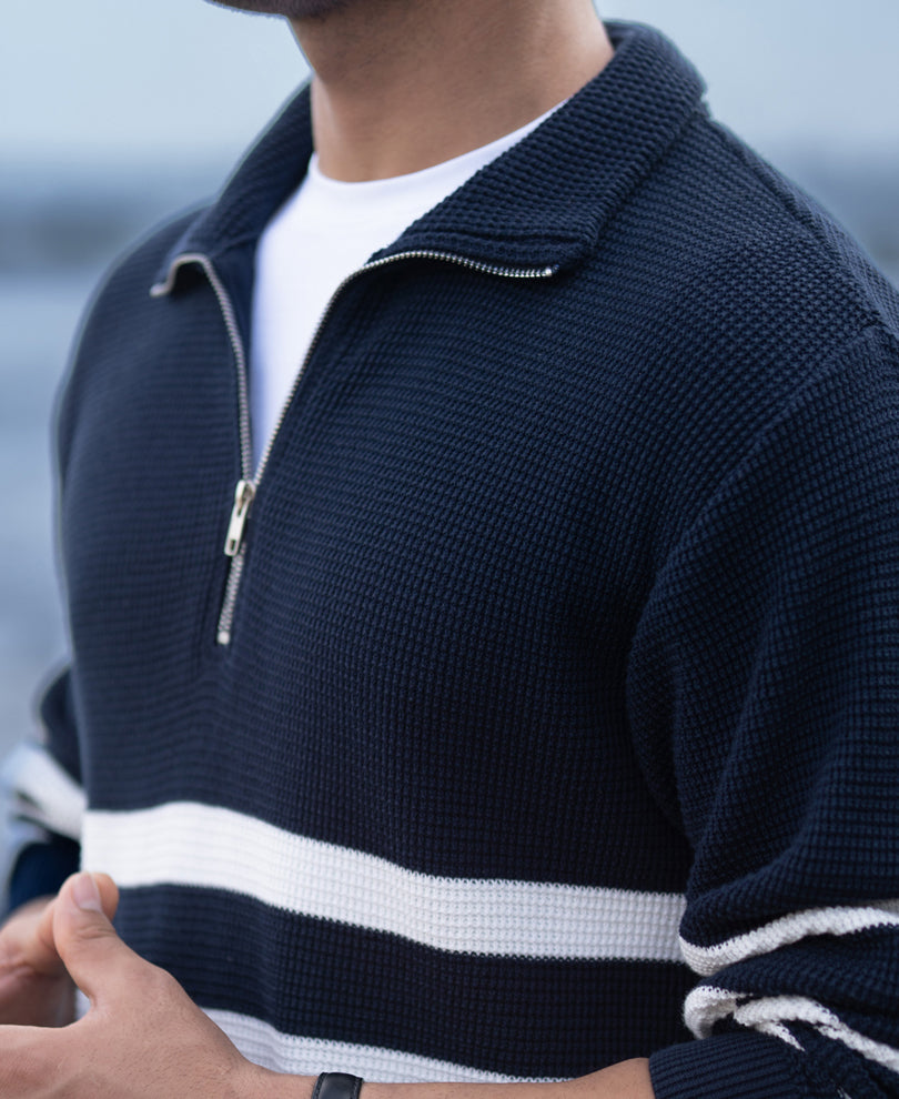 Navy Striped Zipper Neck T-Shirt.