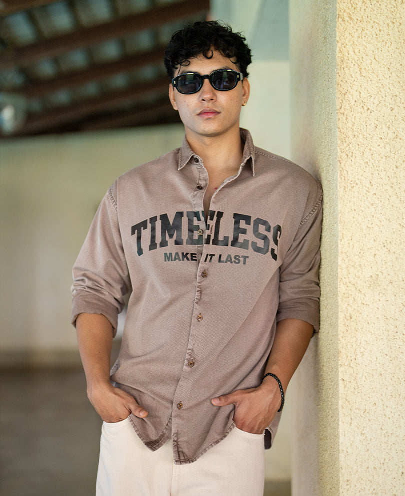 Light Brown Washed Printed Shirt 100% Cotton