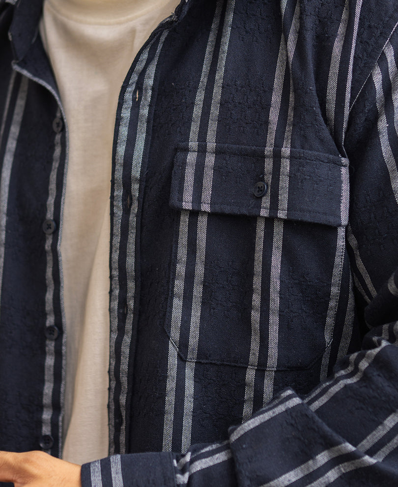 Navy Blue Striped Regular Fit Full Sleeves Shirt