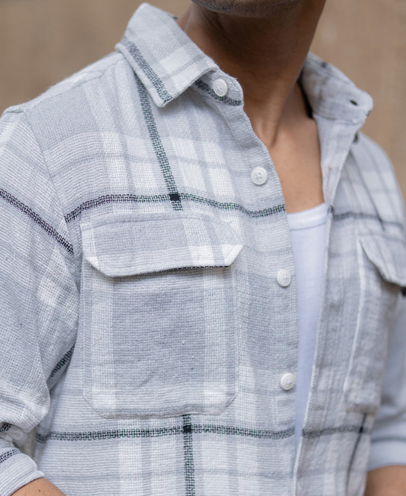 Light Grey Structured Checks Shacket Oversize Drop Shoulder Shirt.