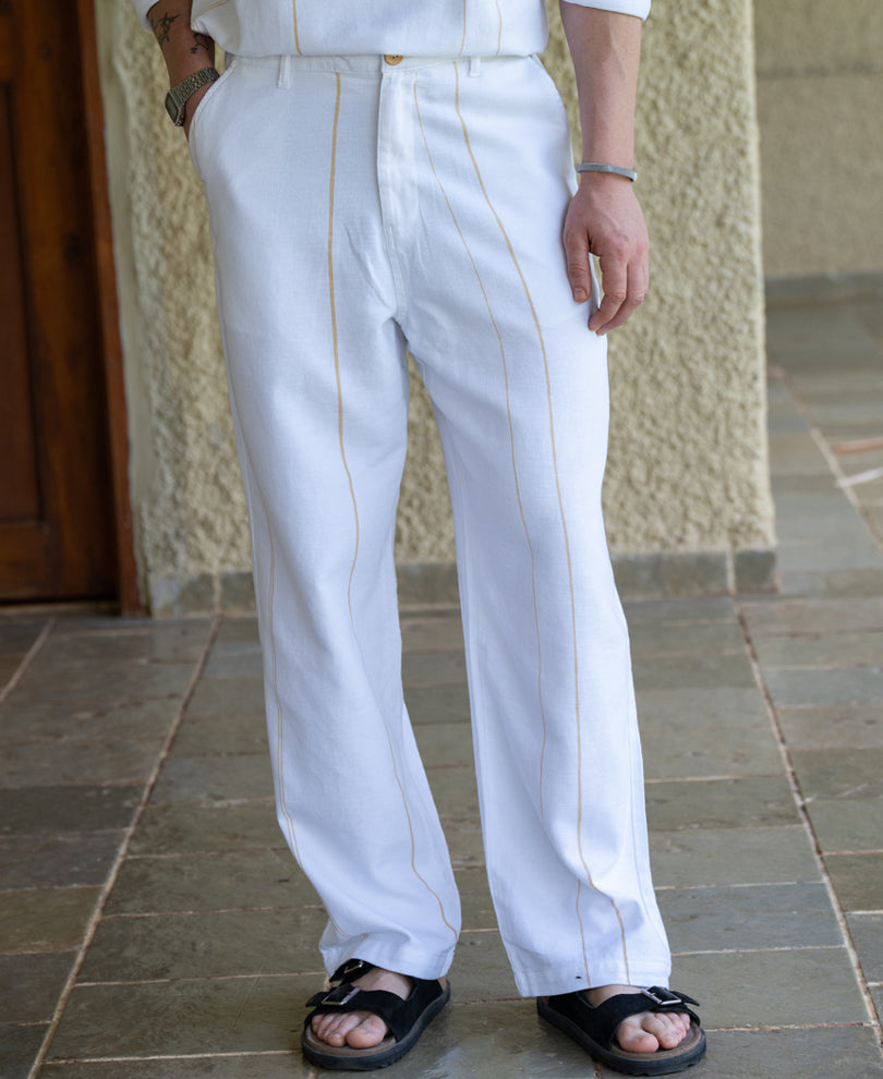 White Linen Blend Striped Cord Set
