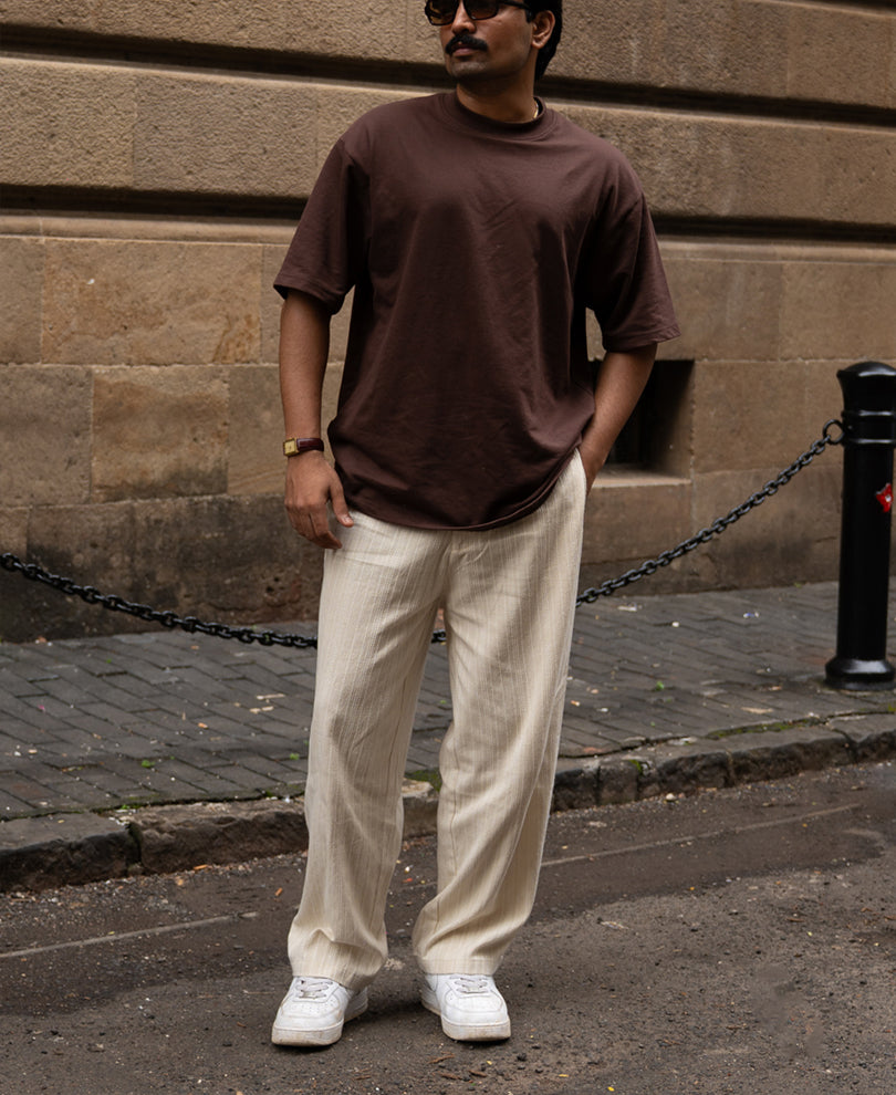 Cream Self Stripe Linen Trouser.