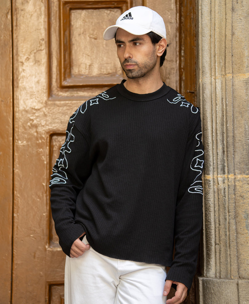 Black Embroidered Structured T-Shirt