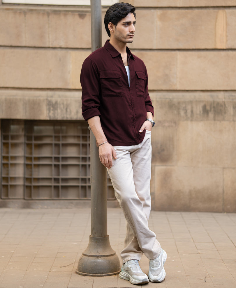 Wine Linen Blend Zipper Shirt.