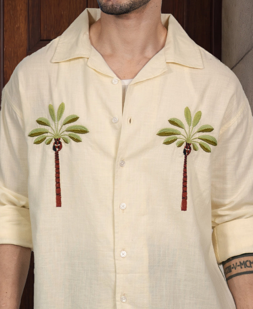 Cream Palm Embroidery Collar Shirt 100% Cotton