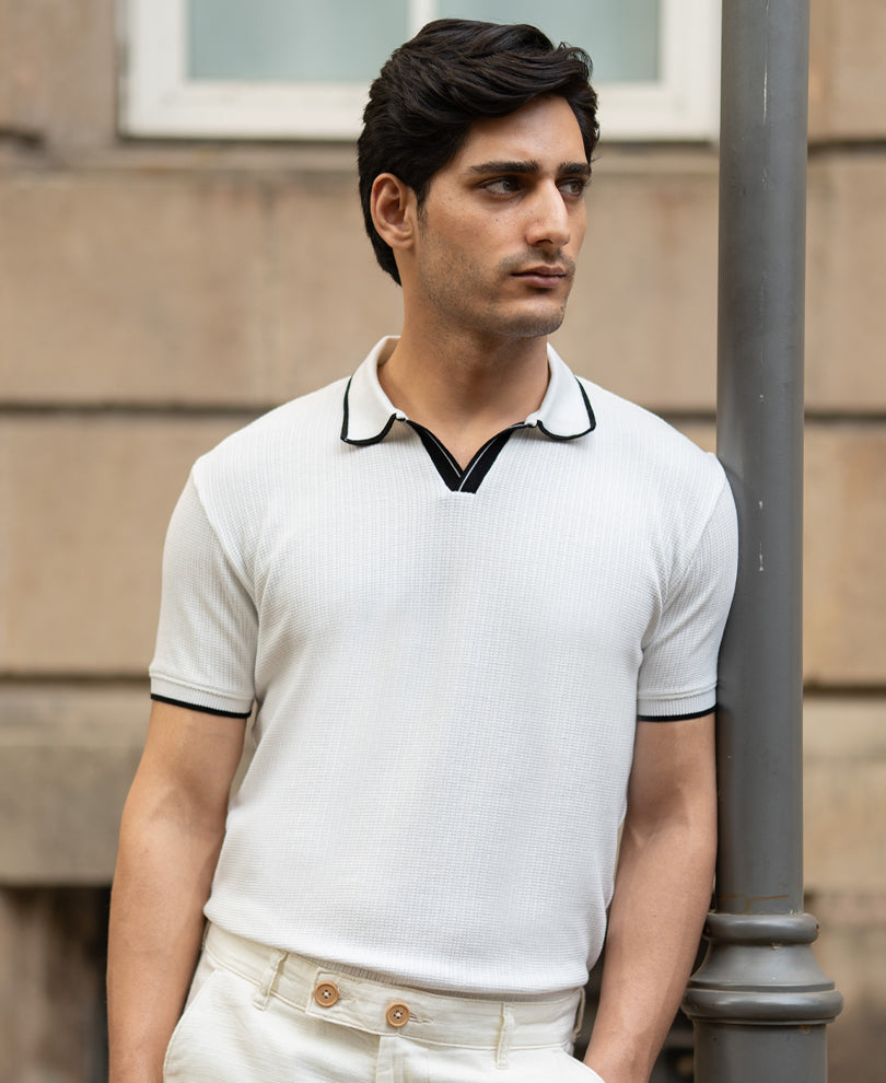 Off White Contrast Polo T-Shirt.