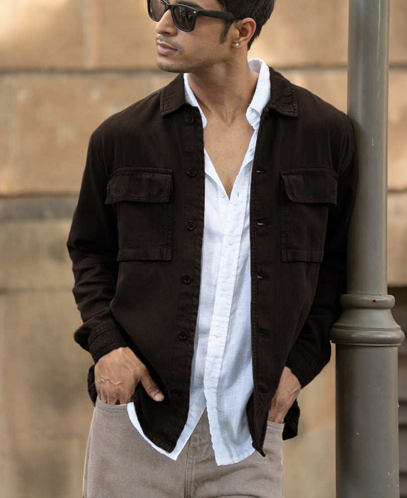 Dark Brown Double Pockets Denim Overshirt.