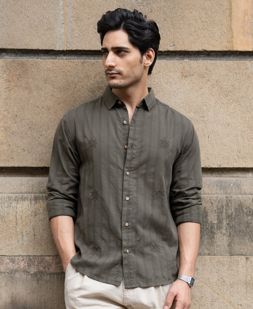 Olive Structure Embroidered Shirt.