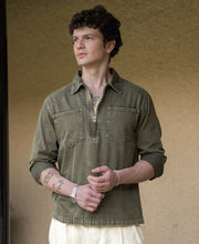 Dark Olive Washed Zipper Shirt 100% Cotton
