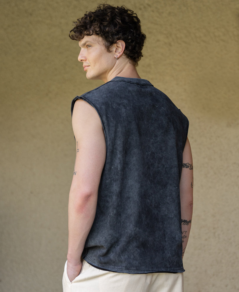Black Distressed Paneled Vest 100% Cotton