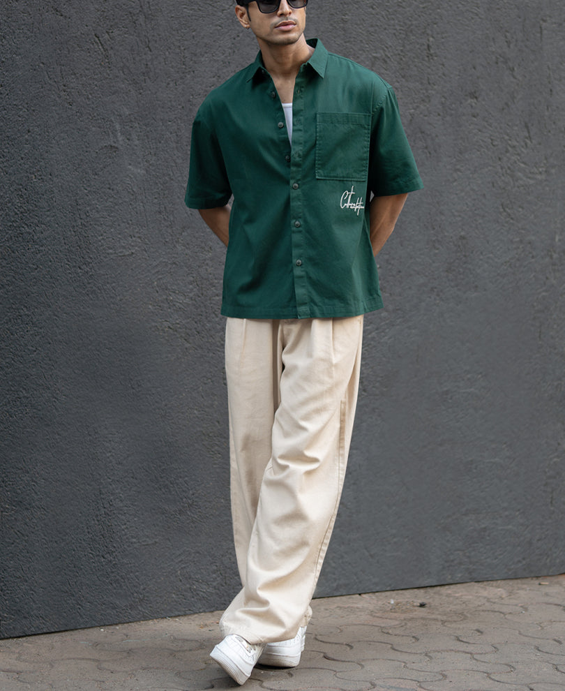Dark Teal Embroidered Structured Shirt.