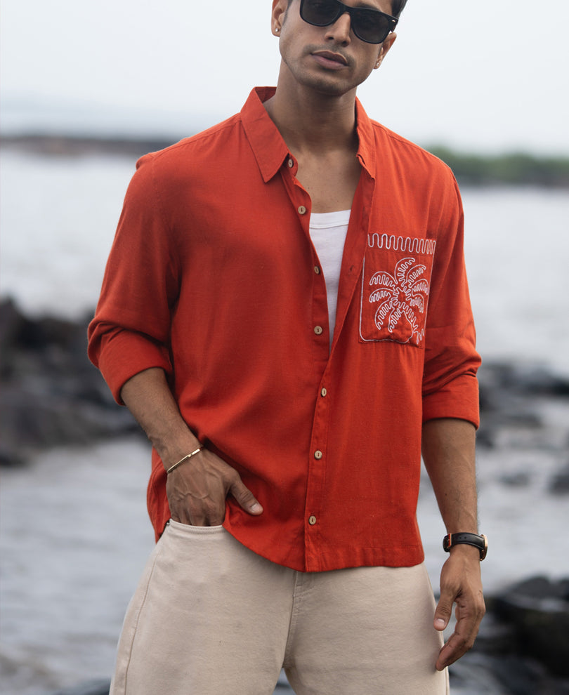 Spicy Orange Linen Blend Embroidery Shirt.