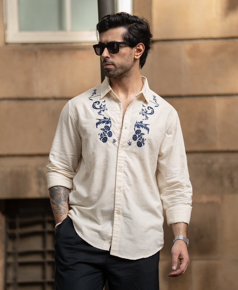 Natural Embroidered Linen Blend Shirt