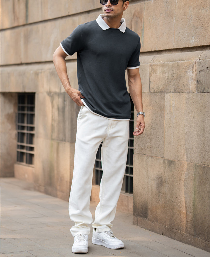 Blue Contrast Collar Knit T-Shirt.